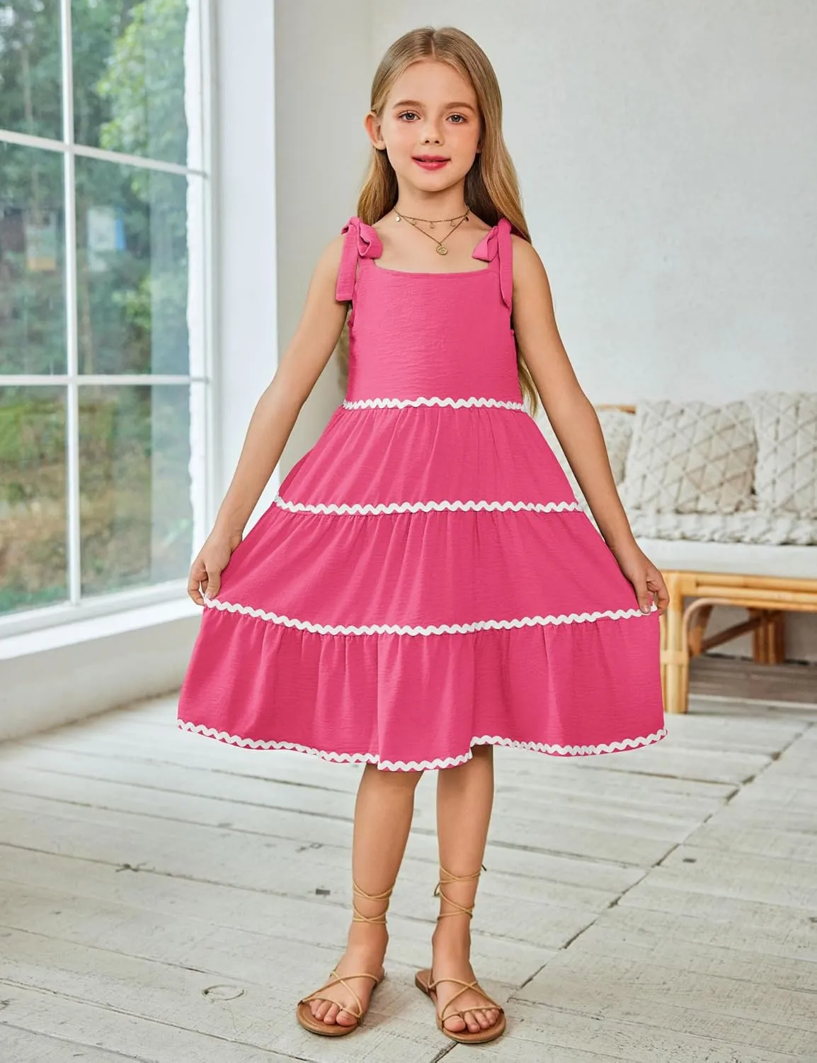 Arshiner Girl's Sundresses Boho Tie Shoulder Cami Midi Tiered Dresses