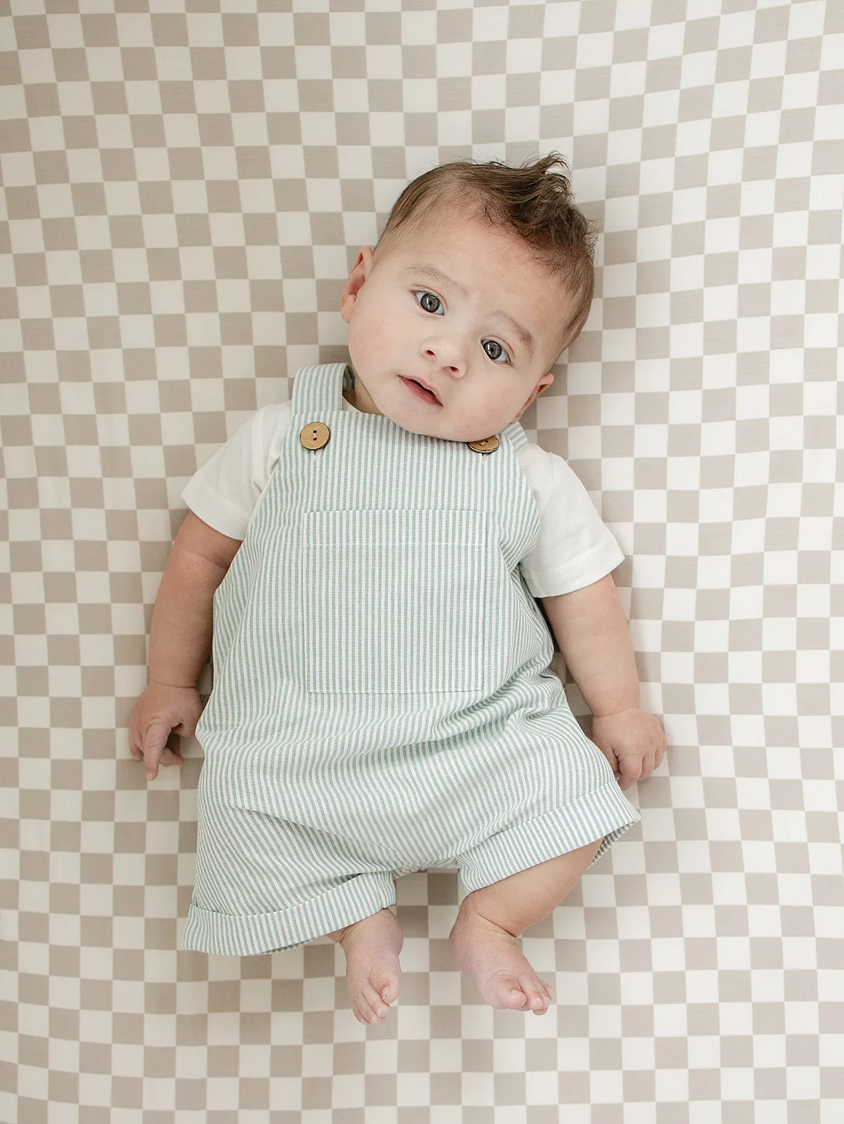 Baby Boy Green Stripe Short Linen Overalls