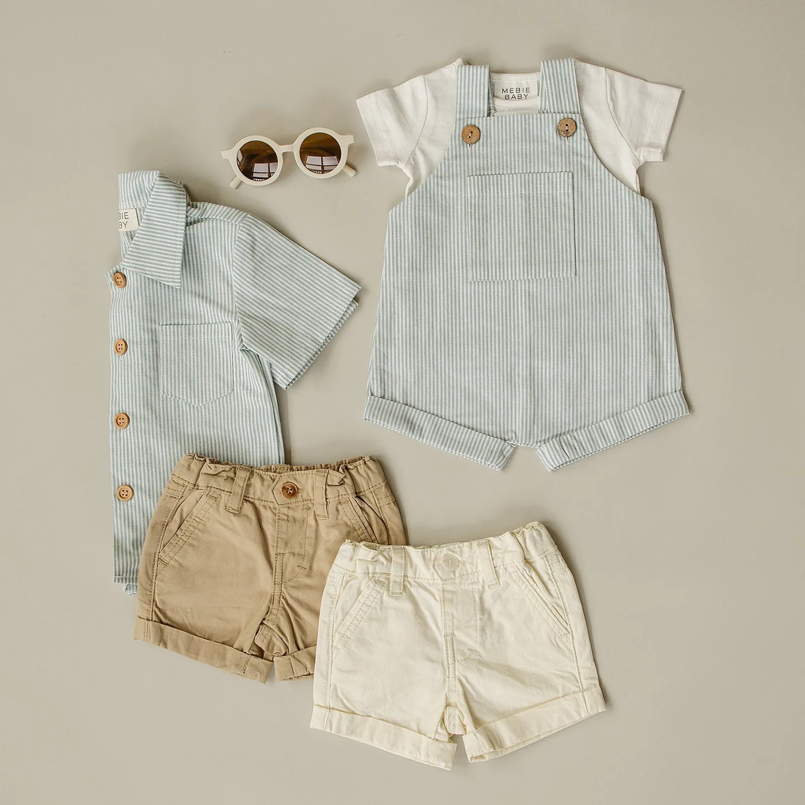 Baby Boy Green Stripe Short Linen Overalls