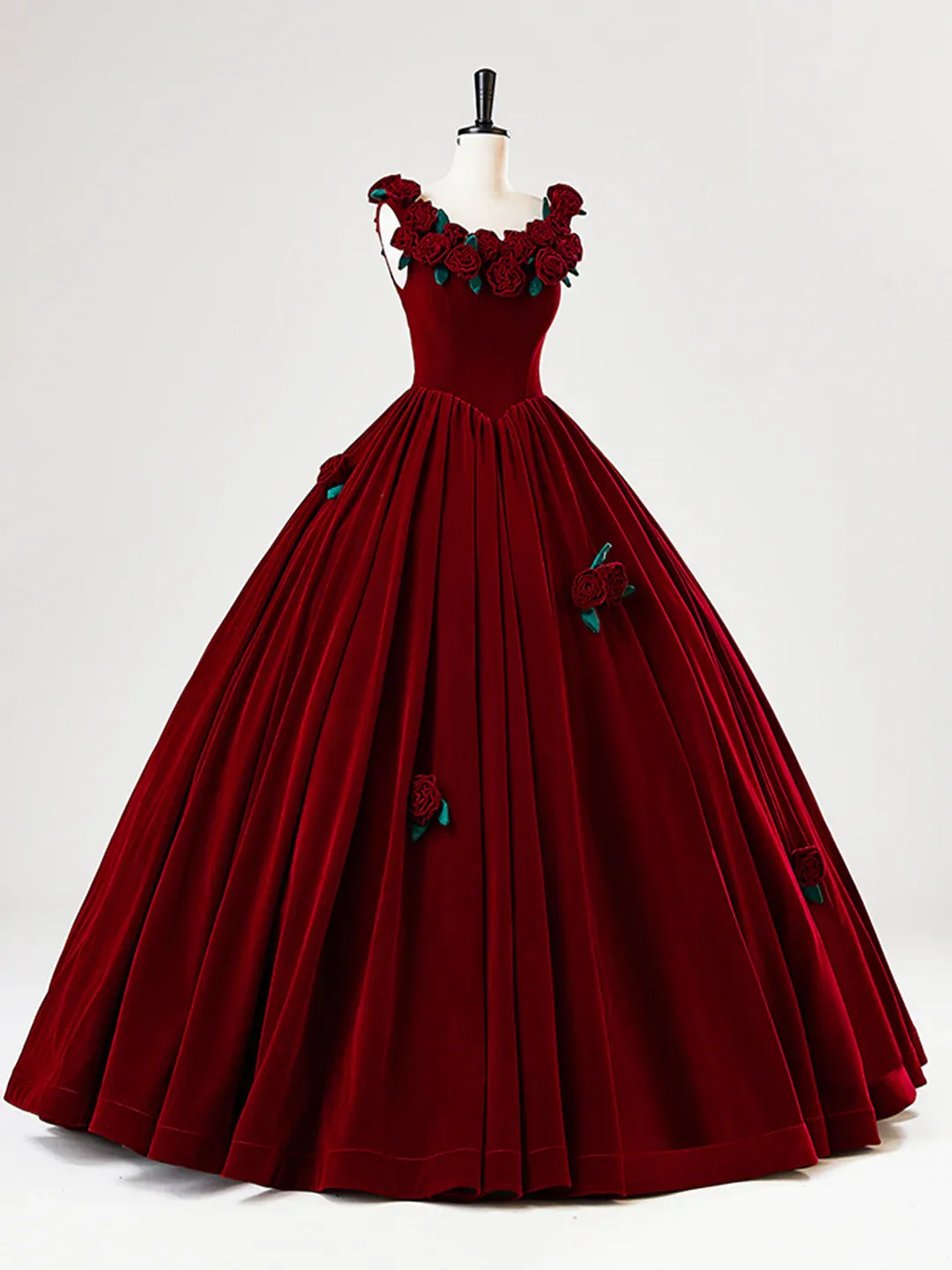 Beautiful Burgundy Velvet Quinceanera Dress Birthday Ball Gown With Rose Flowers Y7750