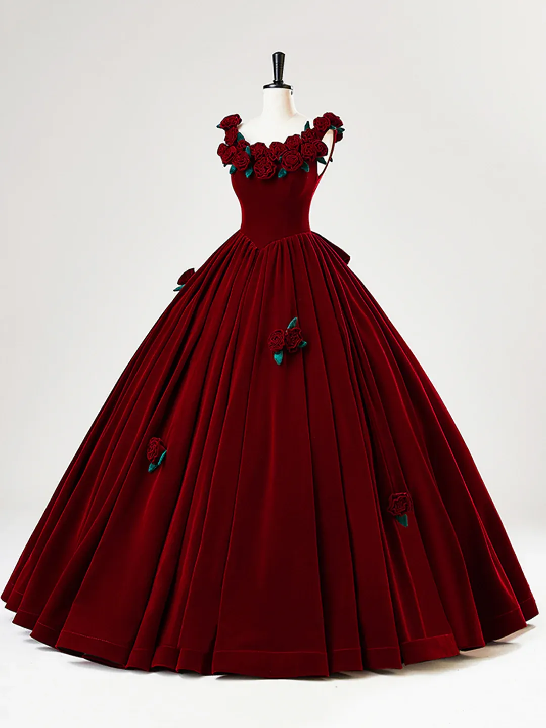 Beautiful Burgundy Velvet Quinceanera Dress Birthday Ball Gown With Rose Flowers Y7750