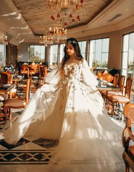 Beautiful Tulle Light Champage Prom Dress With Flowers Pruffy Sleeves Y1808