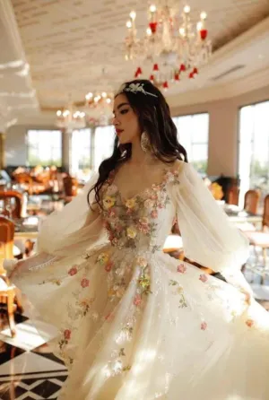 Beautiful Tulle Light Champage Prom Dress With Flowers Pruffy Sleeves Y1808