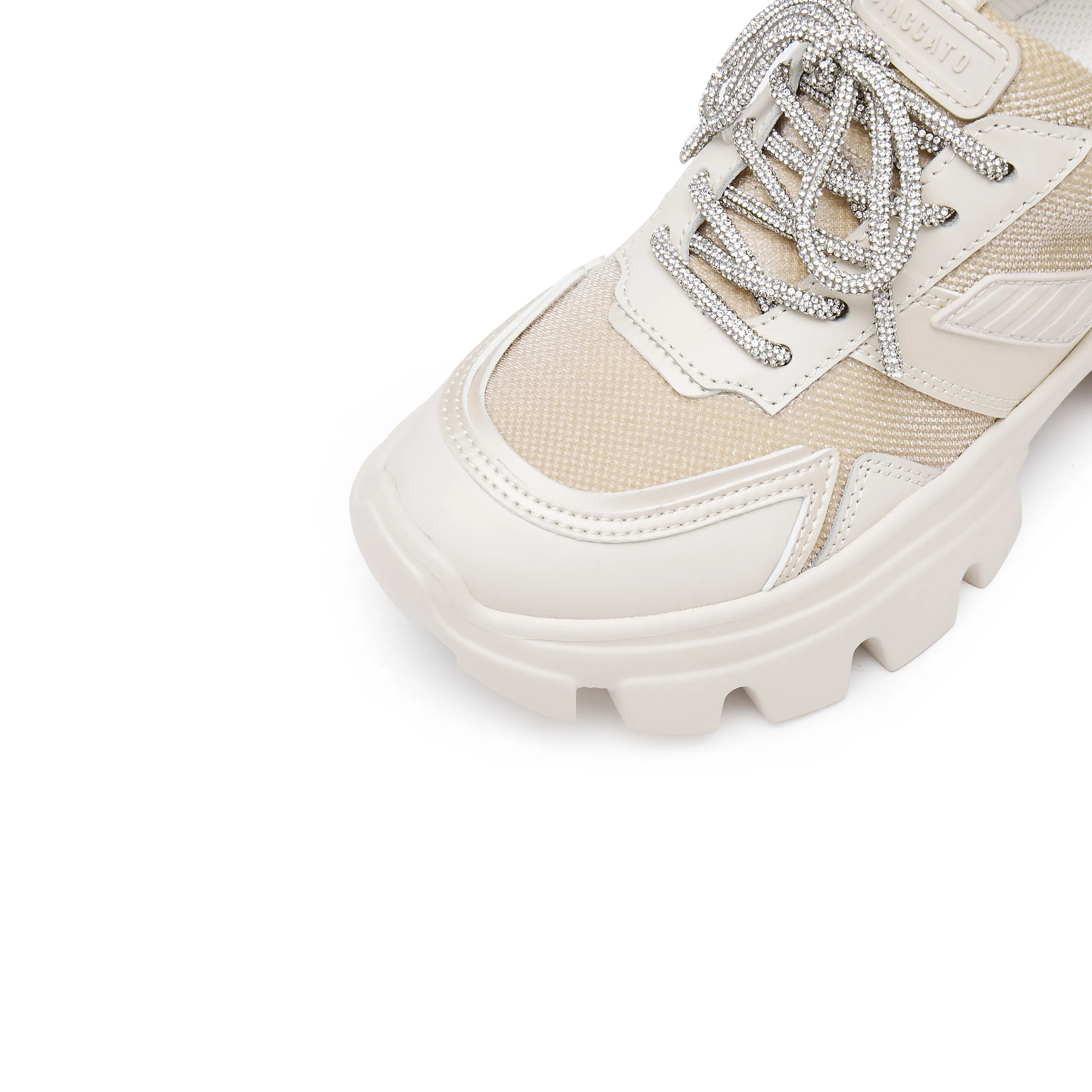 Beige Tone Crystal Lace Up Chunky Sneakers