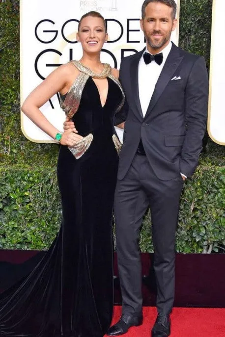 Black Blake Lively Velvet Pockets Dress Sparkly Prom Red Carpet Evening Dress Golden Globes