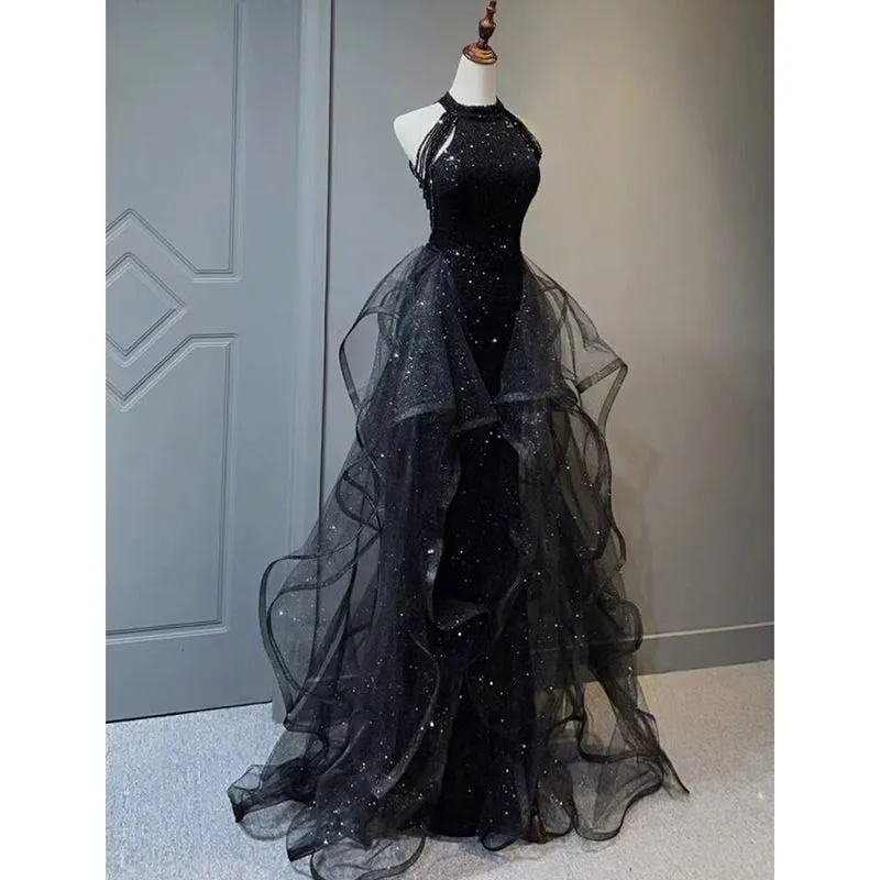 Black Halter Shiny Tulle Long Party Dress with Beadings, Black Tulle Prom Dress