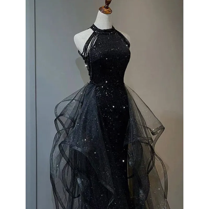 Black Halter Shiny Tulle Long Party Dress with Beadings, Black Tulle Prom Dress