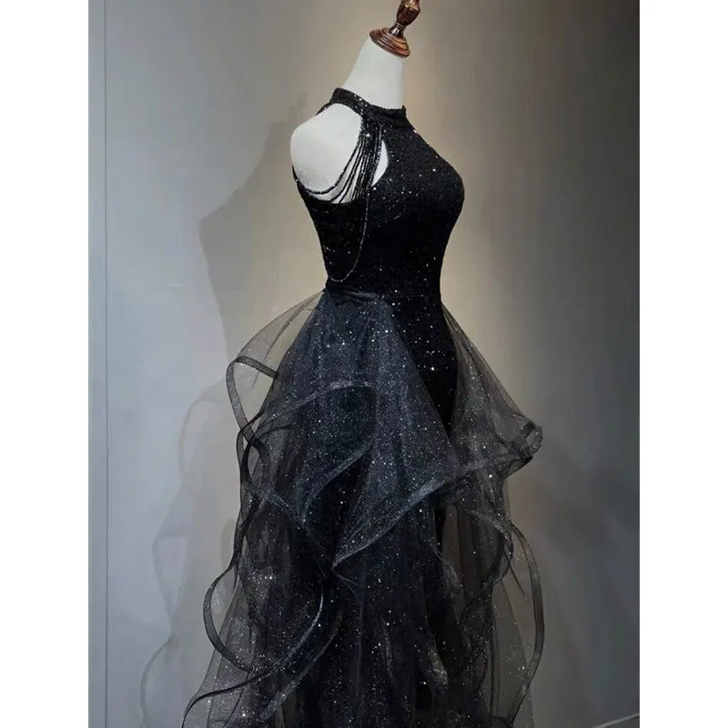 Black Halter Shiny Tulle Long Party Dress with Beadings, Black Tulle Prom Dress
