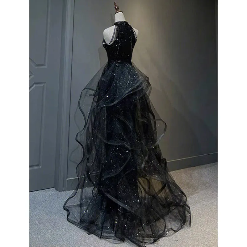 Black Halter Shiny Tulle Long Party Dress with Beadings, Black Tulle Prom Dress