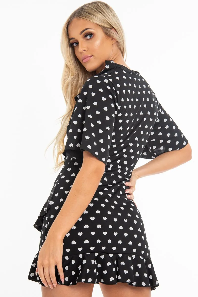 Black Heart Print Plunge Ruffle Detail Mini Dress - Nicolle