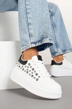 BLACK LACE UP SIDE DETAIL CHUNKY STYLISH FLAT TRAINERS