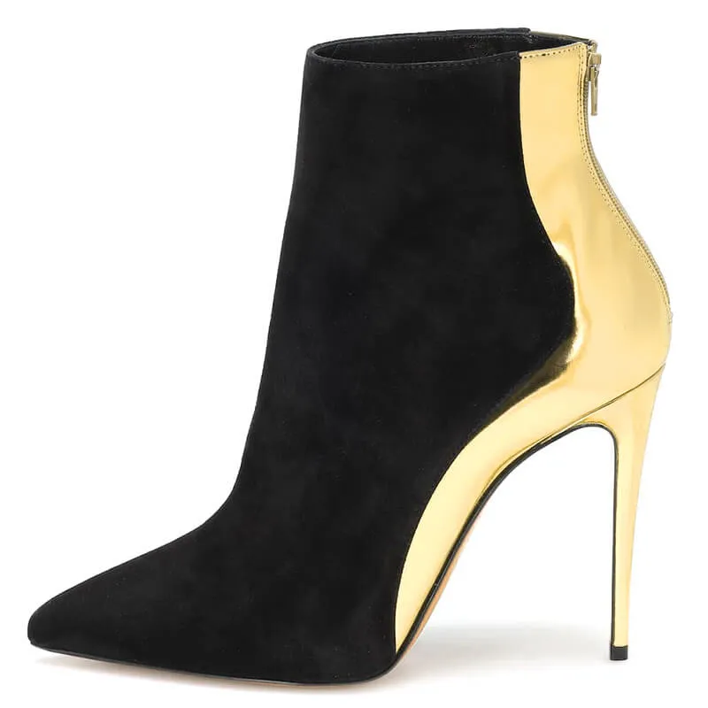 Black Point Toe Suede Patchwork High Heel Ankle Boots