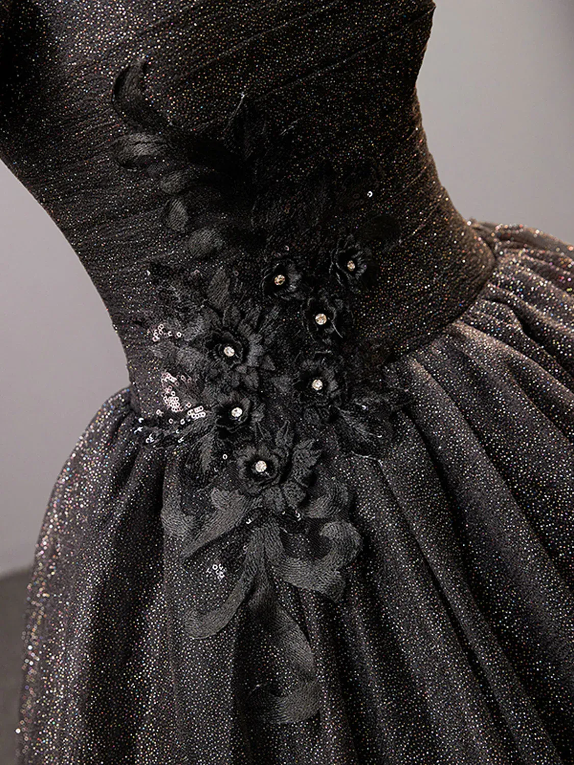 Black Square Neckline Tulle Long Prom Dress, Shiny Black Evening Dresses Y4386