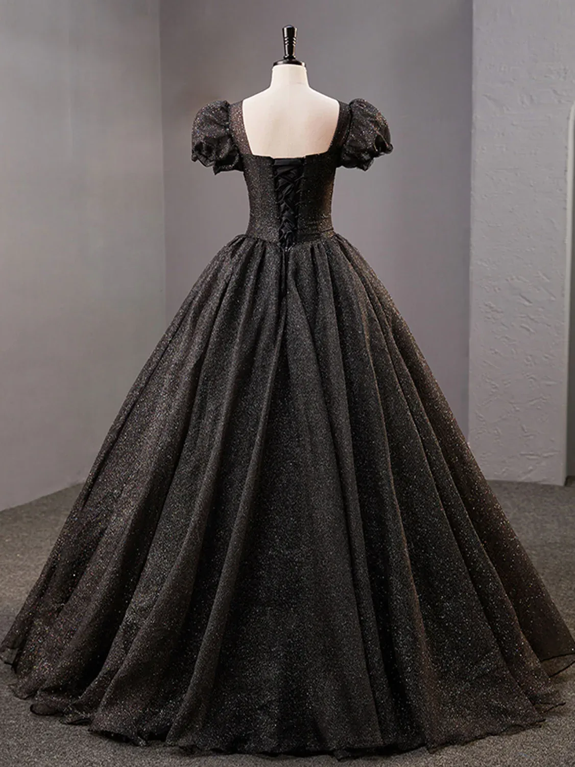 Black Square Neckline Tulle Long Prom Dress, Shiny Black Evening Dresses Y4386