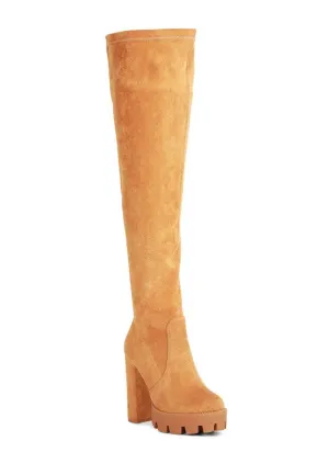 Block Heeled Faux Suede Long Boots