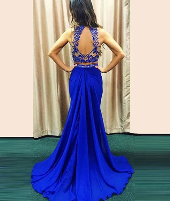 Blue 2 Pieces Chiffon Long Prom Dresses, Blue Formal Dress