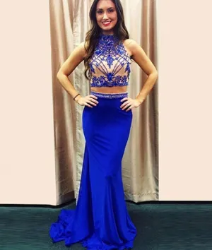 Blue 2 Pieces Chiffon Long Prom Dresses, Blue Formal Dress