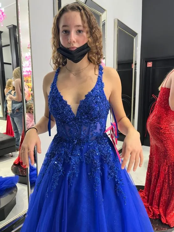 Blue A-line Tulle Appliques Prom Dress,Blue Evening Dress Y6450