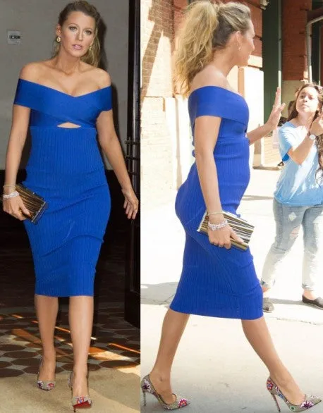 Blue Blake Lively Keyhole Short Dress Off the Shoulder Celebrity Formal Dress Tonight Show with Jimmy Fallon
