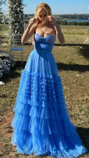Blue Sweetheart Tulle Tiered Prom Dresses,Sleeveless Prom Gown Y1062
