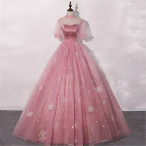 Blush Pink Quinceanera Dress Masquerade Dress A-Line Wedding Dress Floor Length High Neck Bridal Gown Short Sleeves Y2937