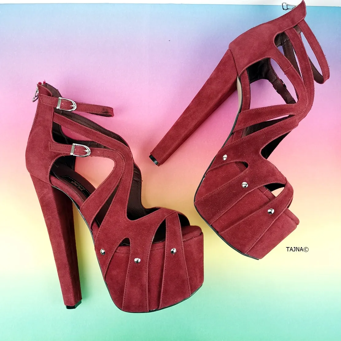 Bordeaux Wine Suede Cage Platform Heels