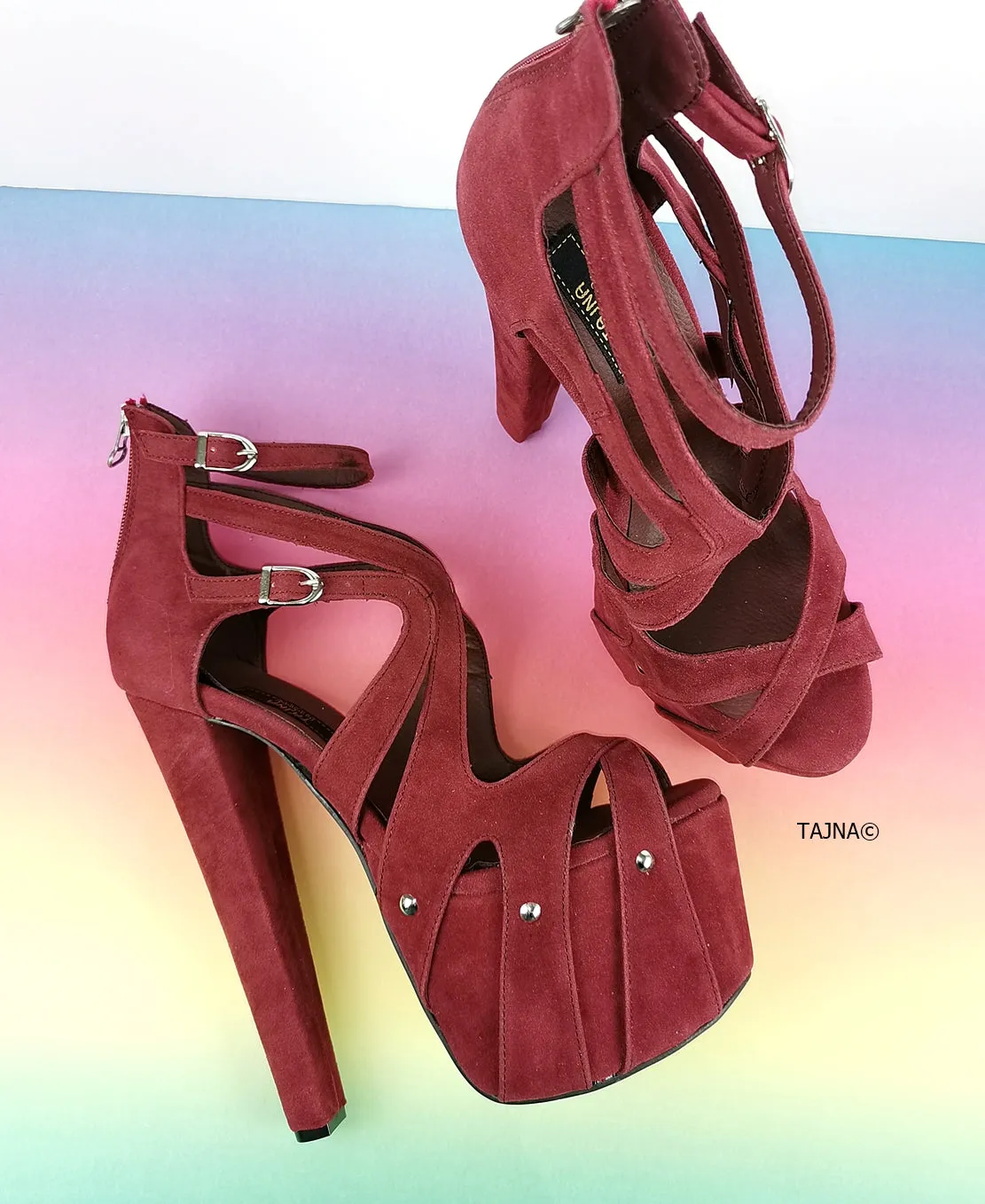 Bordeaux Wine Suede Cage Platform Heels