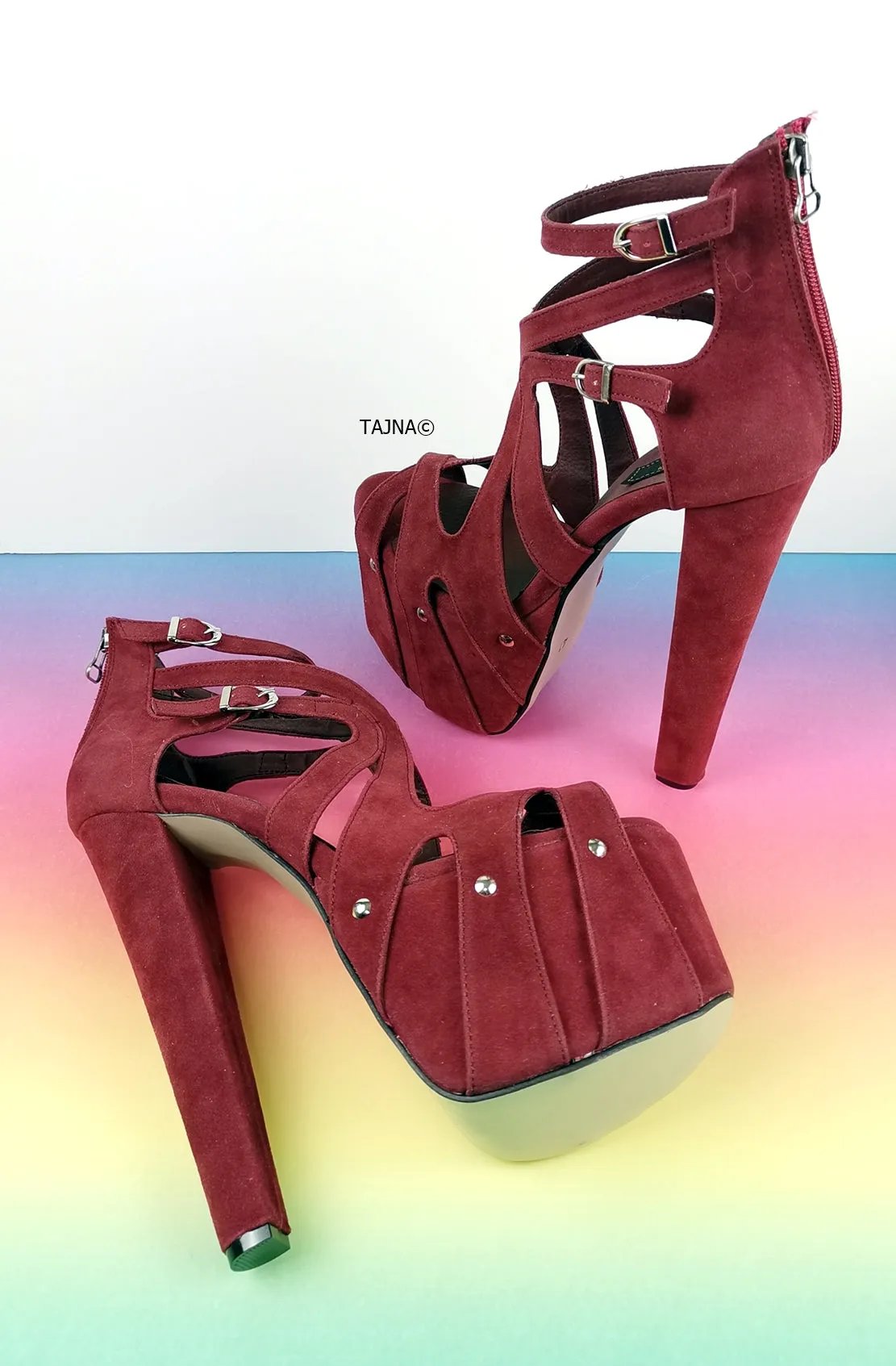 Bordeaux Wine Suede Cage Platform Heels