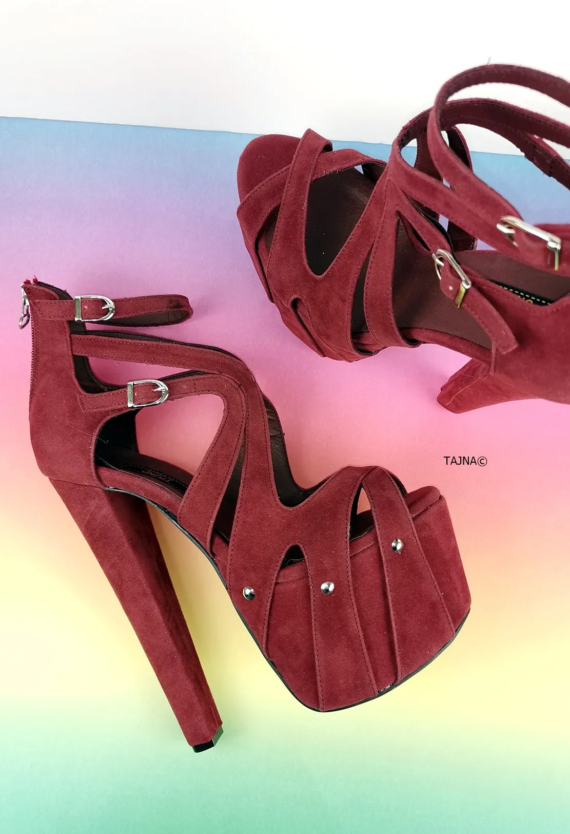 Bordeaux Wine Suede Cage Platform Heels