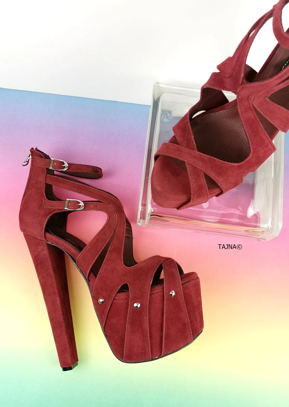 Bordeaux Wine Suede Cage Platform Heels