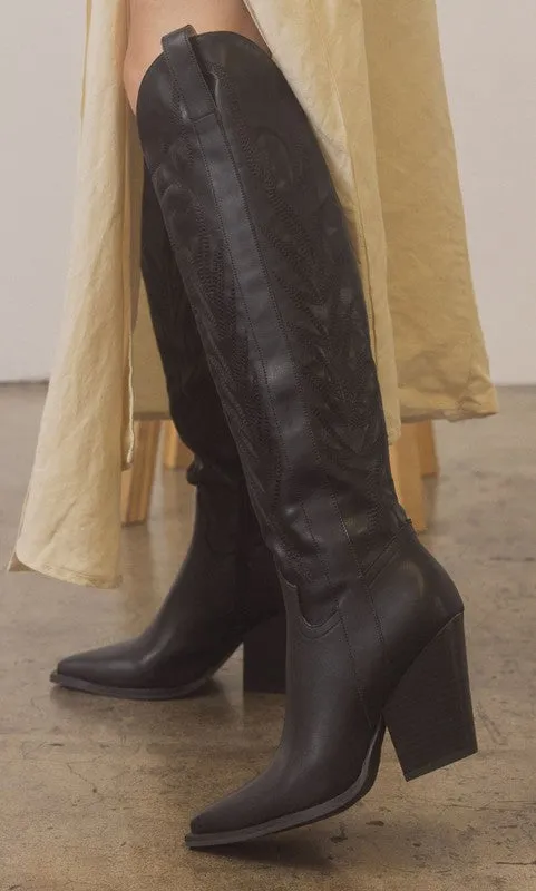 Bronco Knee-High Embroidered Boots Black