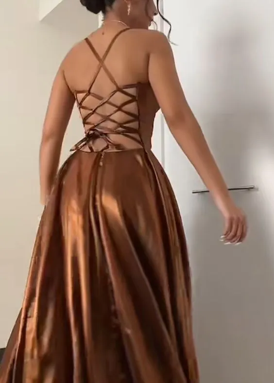 Brown V Neck Criss-Cross Back Spaghetti Strap Evening Dress Y799
