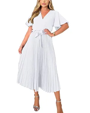 BTFBM Women Short Sleeve Wrap V-Neck Casual Summer Dresses Satin Tie Waist Elegant Pleated Flowy A Line Midi Long Dress(Solid White, Large)