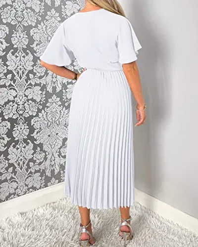 BTFBM Women Short Sleeve Wrap V-Neck Casual Summer Dresses Satin Tie Waist Elegant Pleated Flowy A Line Midi Long Dress(Solid White, Large)