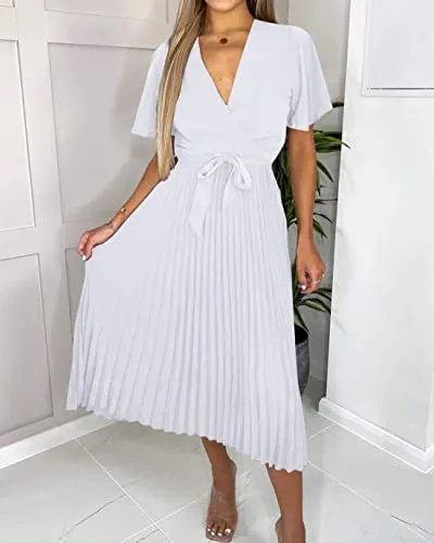 BTFBM Women Short Sleeve Wrap V-Neck Casual Summer Dresses Satin Tie Waist Elegant Pleated Flowy A Line Midi Long Dress(Solid White, Large)