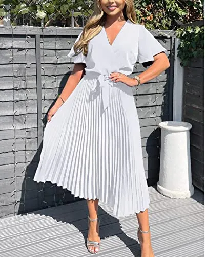 BTFBM Women Short Sleeve Wrap V-Neck Casual Summer Dresses Satin Tie Waist Elegant Pleated Flowy A Line Midi Long Dress(Solid White, Large)