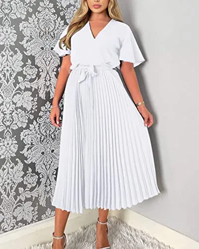 BTFBM Women Short Sleeve Wrap V-Neck Casual Summer Dresses Satin Tie Waist Elegant Pleated Flowy A Line Midi Long Dress(Solid White, Large)