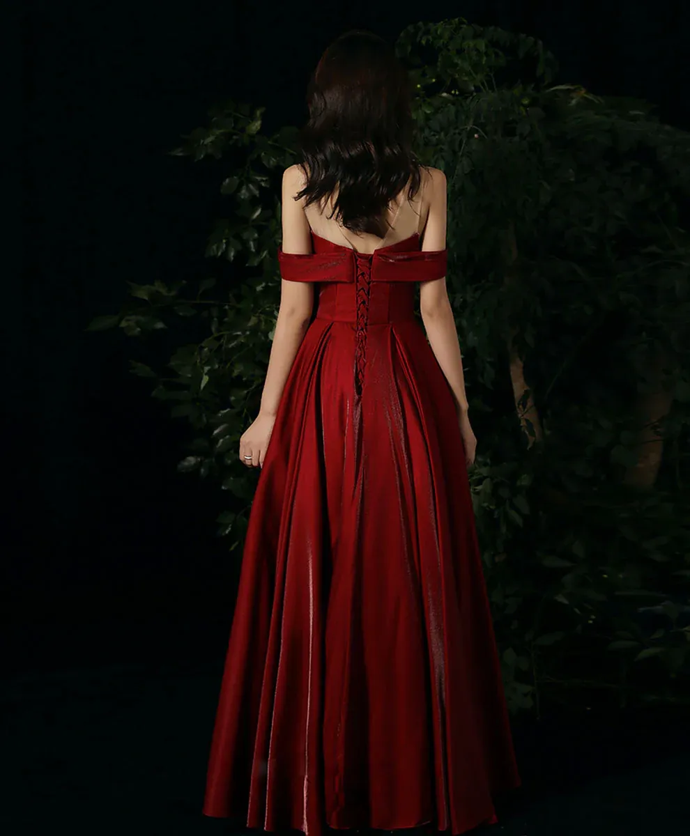 Burgundy Round Neck Beading Long Prom Dress, Burgundy Formal Graduation Dress Y1404
