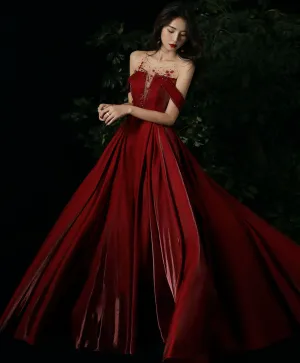 Burgundy Round Neck Beading Long Prom Dress, Burgundy Formal Graduation Dress Y1404