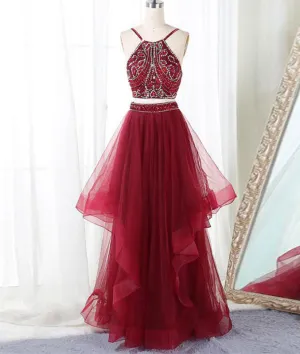 Burgundy two pieces beads long prom dress, burgundy evening dress