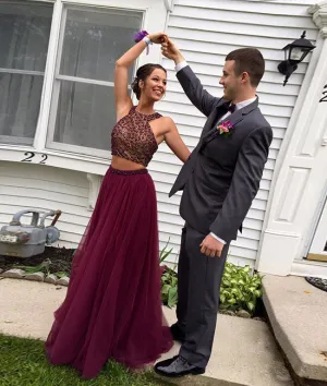 Burgundy two pieces sequin long prom dress, evening dress