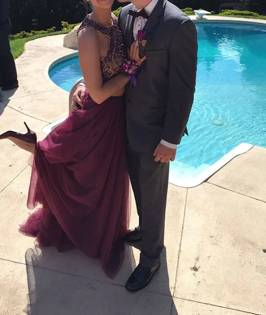 Burgundy two pieces sequin long prom dress, evening dress