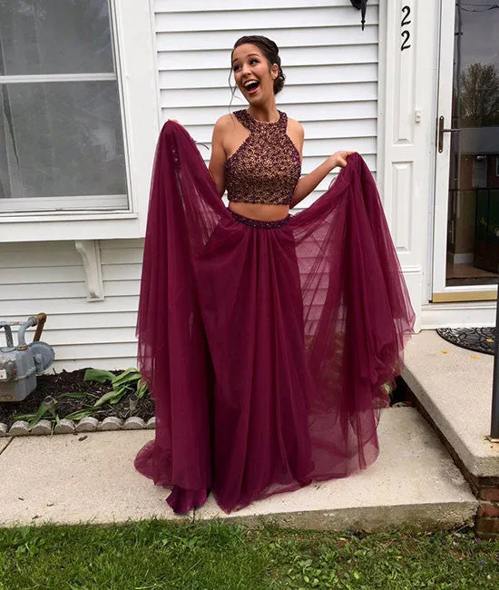 Burgundy two pieces sequin long prom dress, evening dress