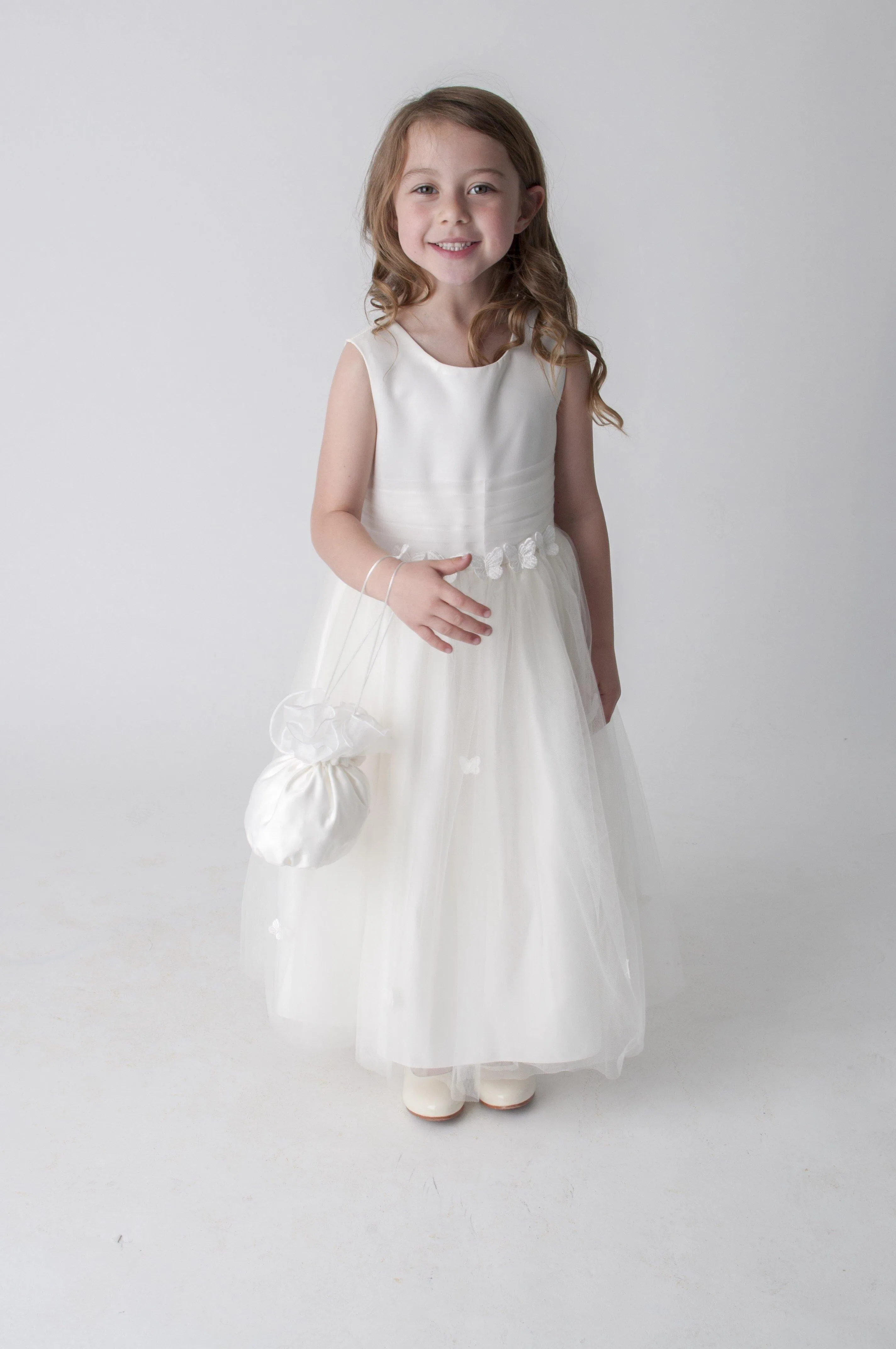 Butterflies Flower Girl Dress - with Petal Bag - Ivory
