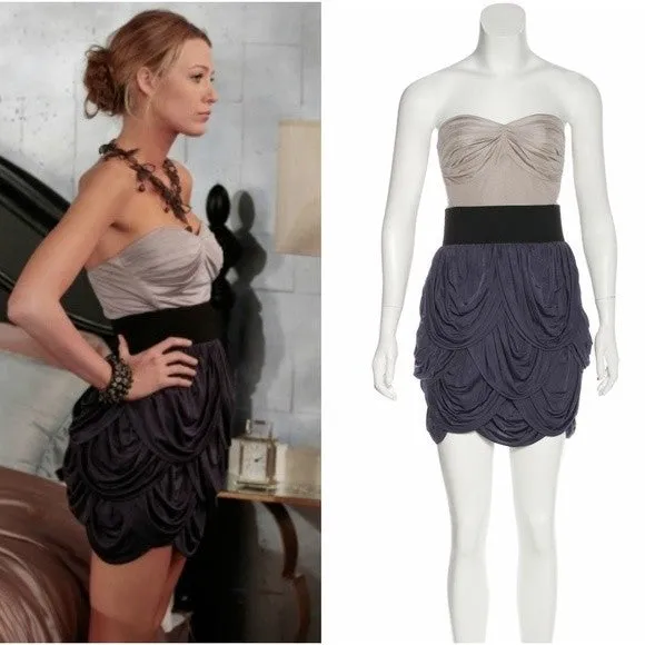 Champagne Dark Grey Blake Lively Short Dress Ruched Prom Celebrity Formal Dress Serena van der Woodsen Gossip Girl