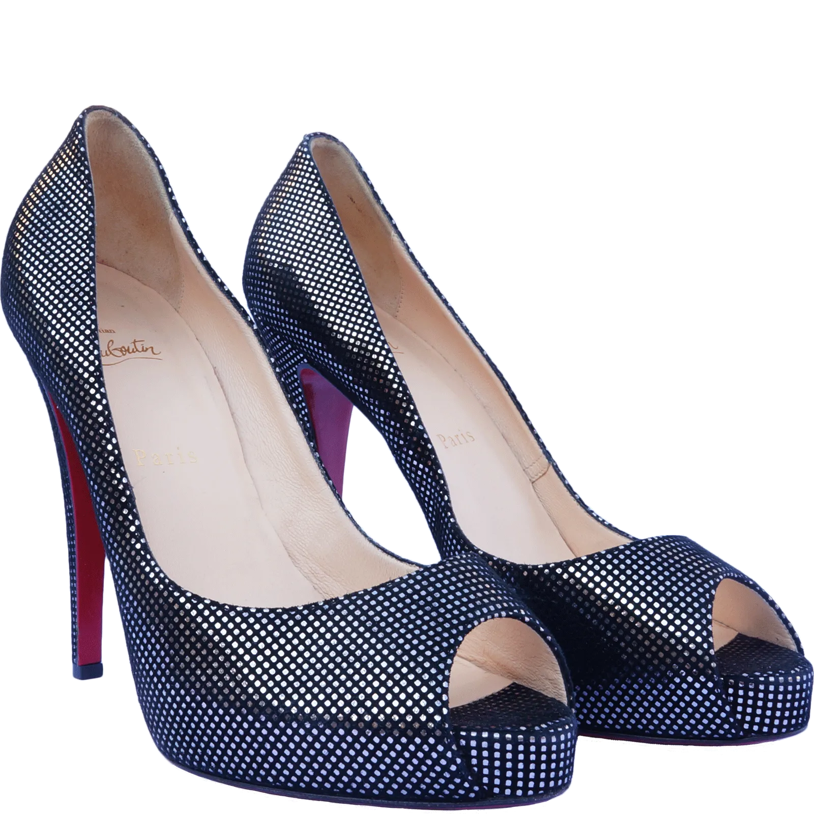CHRISTIAN LOUBOUTIN METALLIC SUEDE PEEP TOE PUMPS
