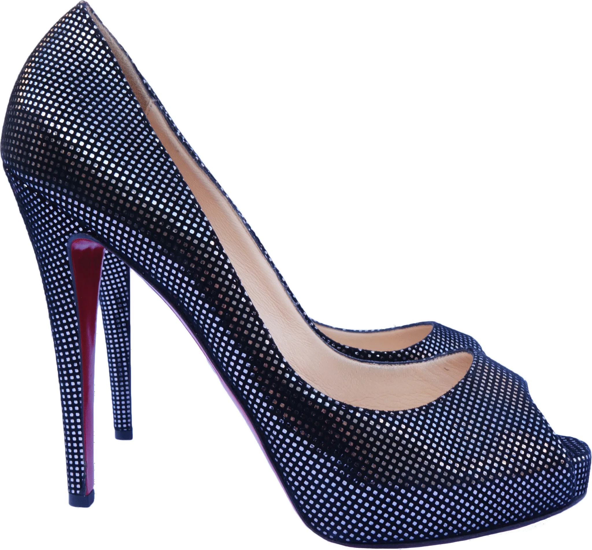 CHRISTIAN LOUBOUTIN METALLIC SUEDE PEEP TOE PUMPS