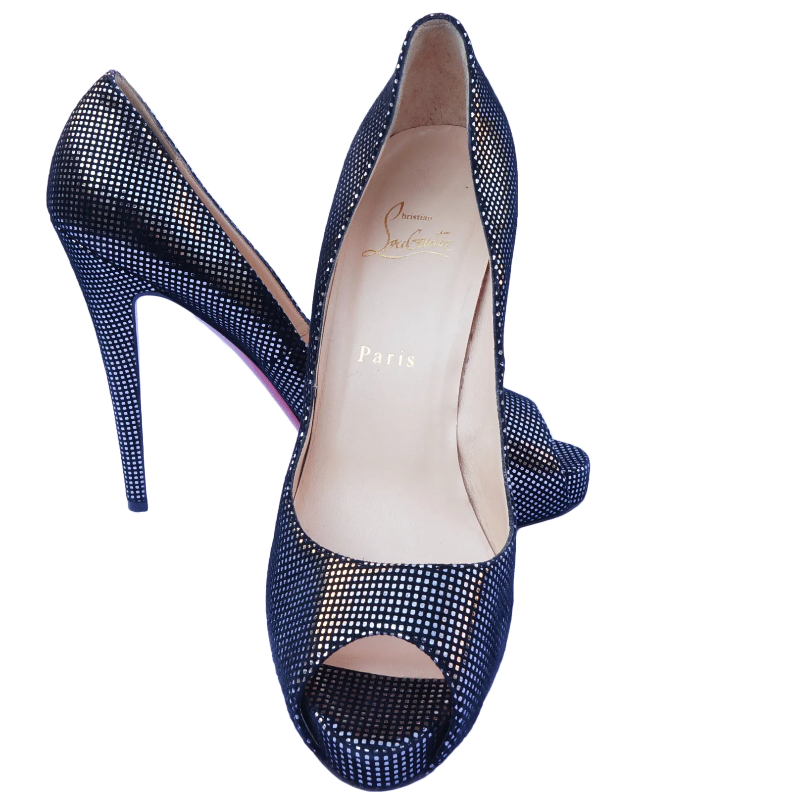 CHRISTIAN LOUBOUTIN METALLIC SUEDE PEEP TOE PUMPS