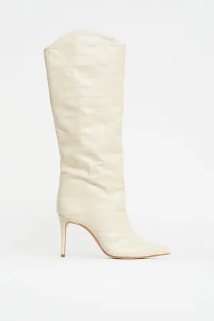 Cream Embossed Knee High Boot