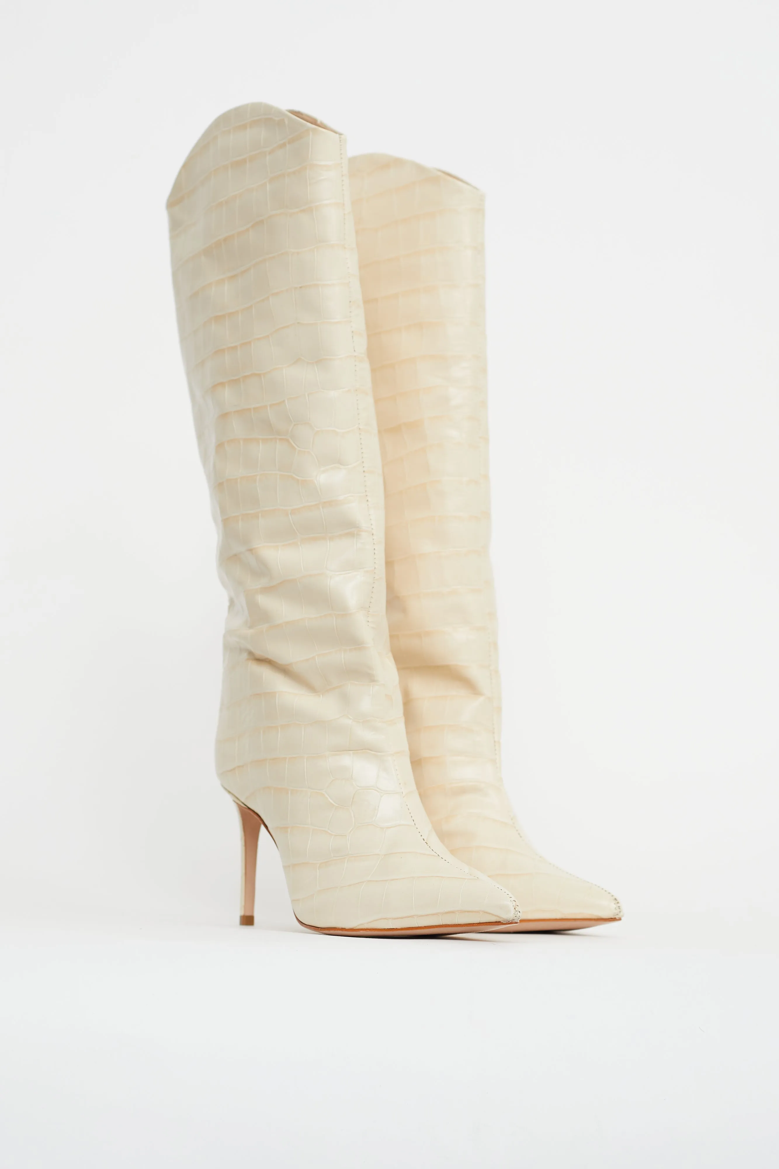 Cream Embossed Knee High Boot